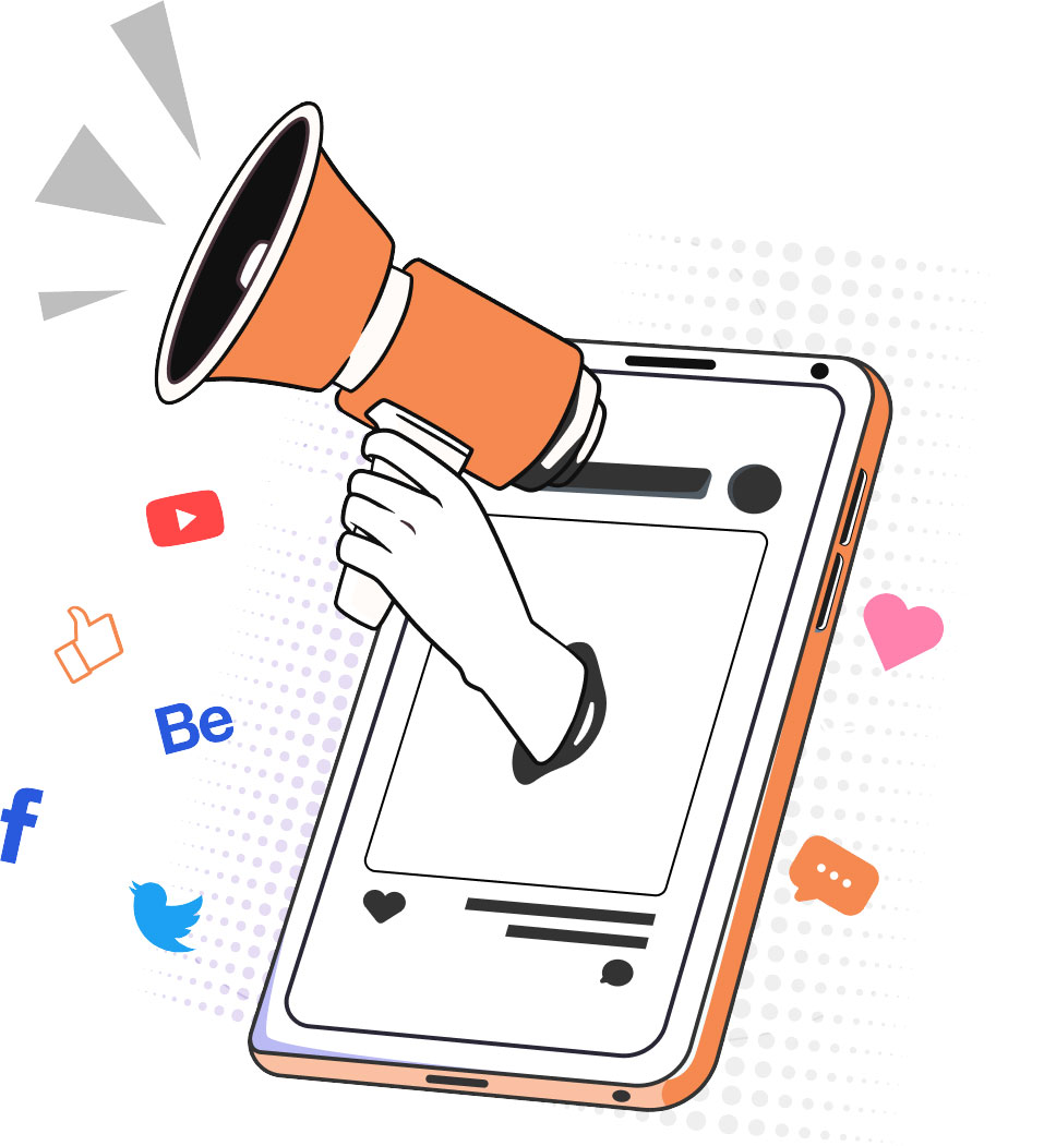 Home 2 megaphone coming out of a cell phone with social and marketing icons around it