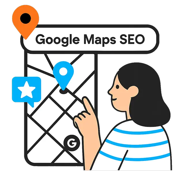 Google Maps SEO 12 google maps seo graphic - illustrated girl pointing at a map on a phone