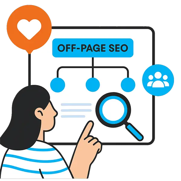 off-page seo graphic - illustrated girl pointing at a web page